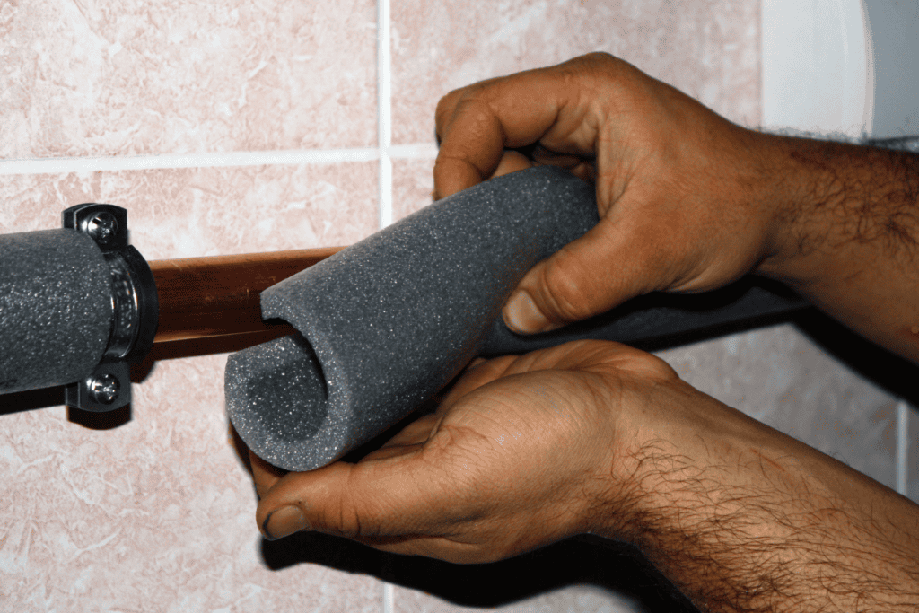 Hands installing foam pipe insulation on a copper pipe mounted to a tiled wall, helping to prevent pipe damage and ensure well-insulated pipes.