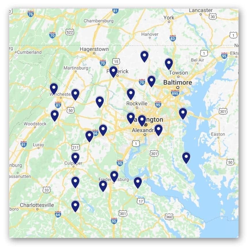 A map of central Maryland and northern Virginia with blue location markers highlighting our Service Area and multiple specific points of interest.
