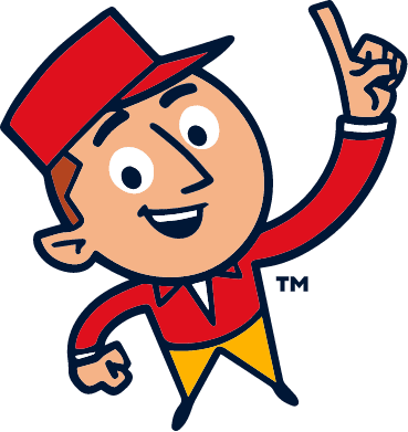 Cartoon character wearing a red hat, red shirt, and yellow pants, smiling and pointing upwards with one finger.
