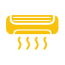 Yellow icon of an air conditioner releasing air, depicted by four wavy lines below the unit, on a black background.