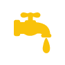 Yellow icon of a water faucet with a single drop falling from the spout, displayed on a black background.