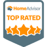 HomeAdvisor "Top Rated" badge featuring orange text and five orange stars on a gray and white shield-shaped background.