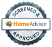 A circular badge displaying "Screened & Approved" with the HomeAdvisor logo in the center.