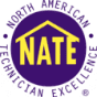 NATE logo featuring the words “North American Technician Excellence” in a circle around a yellow house outline with “NATE” in bold yellow letters inside.