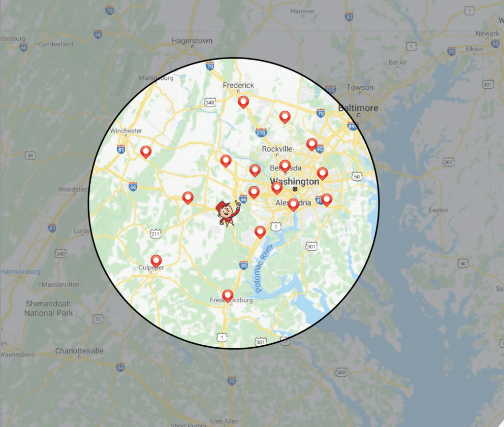 A map showing Washington, D.C., with surrounding areas marked by red location pins and a large circle centered on the city.