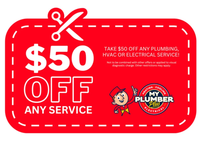 Red coupon offering $50 off any plumbing, HVAC, or electrical service from My Plumber Plus, with terms and conditions noted. Features cartoon plumber and scissors graphic.