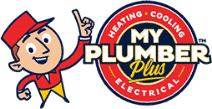 Cartoon plumber character pointing upward next to a circular logo reading "Heating - Cooling - Electrical, My Plumber Plus" on a dark blue background—perfect for Metro D.C.'s unpredictable weather forecast.