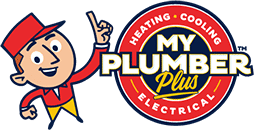 Cartoon mascot in red hat and jacket points toward a circular My Plumber Plus logo with text: "Heating • Cooling • Electrical.