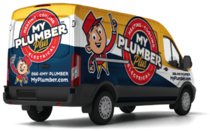A branded My Plumber Plus service van featuring company logo, mascot, contact number, and website, advertising heating, cooling, and electrical services.