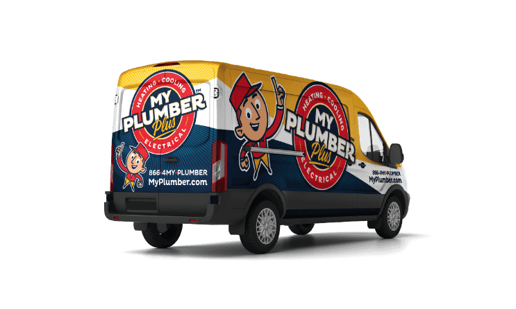 A "My Plumber Plus" van featuring a cartoon plumber, contact info, and website helps every homeowner take control of plumbing emergencies, while also advertising expert heating, cooling, and electrical services.
