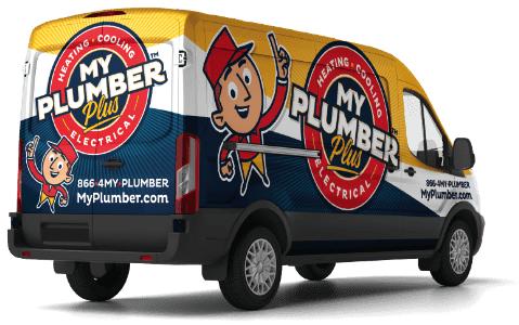 A branded My Plumber Plus service van featuring company logo, mascot, contact number, and website, advertising heating, cooling, and electrical services.