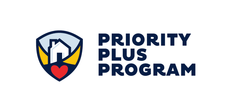 Logo featuring a shield with a house and a red heart, next to the text “PRIORITY PLUS PROGRAM” in bold, dark blue letters.