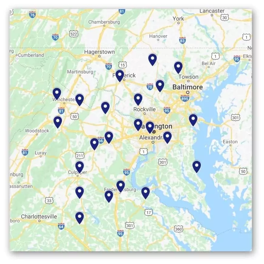 A map of Maryland and northern Virginia with 22 blue map pins marking various locations, including areas near Baltimore, Washington D.C., and Charlottesville.