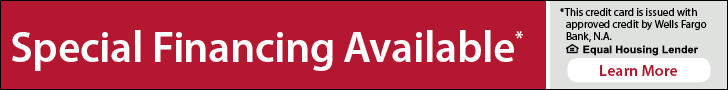 Banner with text "Special Financing Available*" and a note about credit approval by Wells Fargo Bank, N.A., Equal Housing Lender. Includes a "Learn More" button.