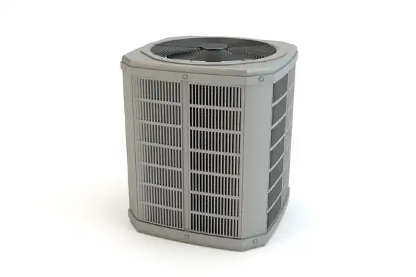 A gray outdoor air conditioning unit with a large fan on top, standing on a white background—ideal for those seeking reliable Air Conditioning Repair in Fairfax VA.