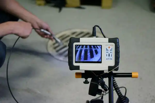A person uses a pipe inspection camera to examine a drain; the camera monitor displays the inside view of the drain grate, showcasing the thorough Camera Inspection Service available in Fairfax VA.