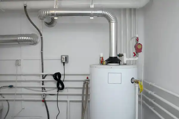 A water heater in a utility room with visible metal pipes, white walls, and various plumbing connections sits beside a recent furnace installation in Fairfax, VA.