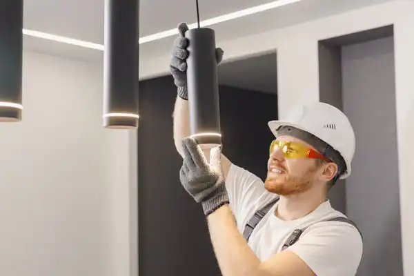 A worker wearing a hard hat and safety glasses adjusts a ceiling light fixture during a lighting installation in a modern Fairfax, VA indoor space.