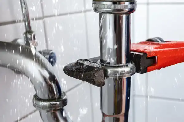 Water sprays from a leaking pipe as a wrench is used to tighten a plumbing fitting against white tiled walls, highlighting the need for expert repiping installation in Fairfax VA.