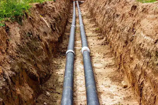 Two large black pipes are laid parallel in a narrow trench dug in the ground, surrounded by soil and some grass—part of a Sewer Line Installation project in Fairfax VA.