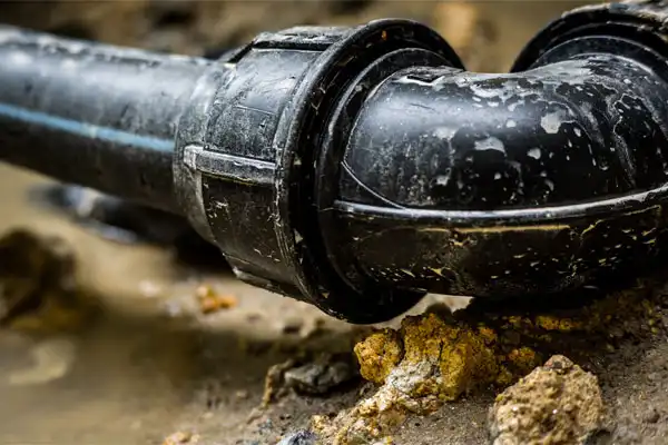 Close-up of a black plastic water pipe with a joint bend, partially buried in wet soil and surrounded by rocks and mud—typical scene during Sewer Line Repair in Fairfax VA.
