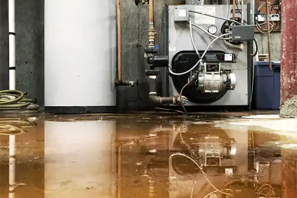 Water pooling on a basement floor near a hot water heater and furnace in Fairfax VA could indicate a leak or flooding issue—prompt sump pump repair may be needed.