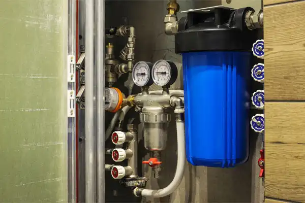 A water filtration installation in Fairfax VA features gauges, valves, and pipes neatly arranged in a utility cabinet, with a large blue filter housing prominently visible on the right side.