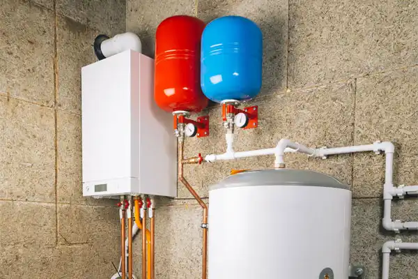 A wall-mounted boiler with red and blue expansion tanks and a hot water storage tank connected by white pipes in a utility room, showcasing professional Water Heater Installation in Fairfax VA.