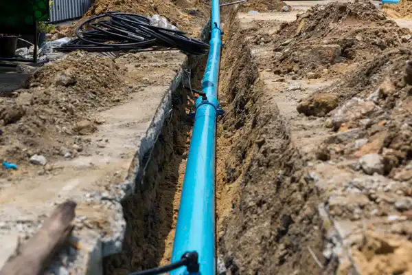 A blue water pipe runs through a trench dug in the ground during a water line installation at a construction site in Fairfax VA.