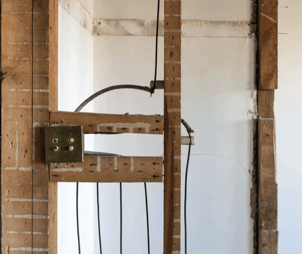 Exposed wall framing with electrical wires, including some antique wiring and an old switch panel, viewed during interior renovation or construction work.