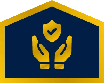 A gold icon of two hands holding a shield with a checkmark, set against a dark blue background with a gold border shaped like a roof.
