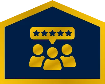 A graphic of three yellow people figures under a speech bubble with five stars, enclosed in a yellow-bordered house shape on a navy background.