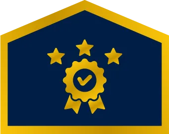 A gold badge with a checkmark and ribbons is centered below three stars, all on a dark blue shield-shaped background with a gold border.