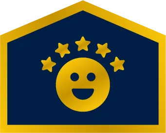 A gold smiling face with five gold stars above it, set against a dark blue background with a gold border in the shape of a house.