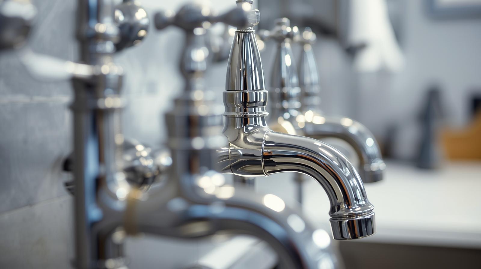 Close-up of multiple shiny chrome faucets aligned over a white sink, showcasing the polished results of expert kitchen plumbing services in a modern bathroom or kitchen setting.