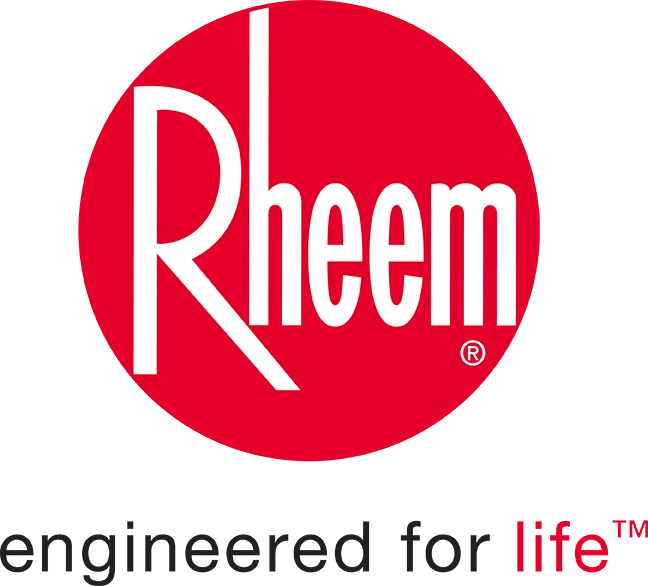 Rheem logo featuring the brand name in white stylized text on a red circular background.