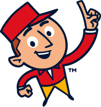 Cartoon character with a red hat and shirt, yellow pants, and a big smile, raising one hand and pointing upward like an Elementor mascot.
