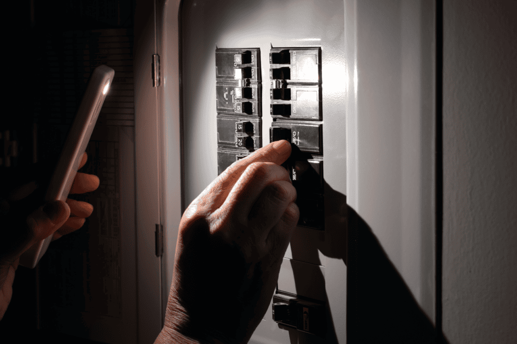 A person resets a circuit breaker in a Federal Pacific Panel using their hand while shining a flashlight from a phone, ensuring proper inspection and safety during the process.