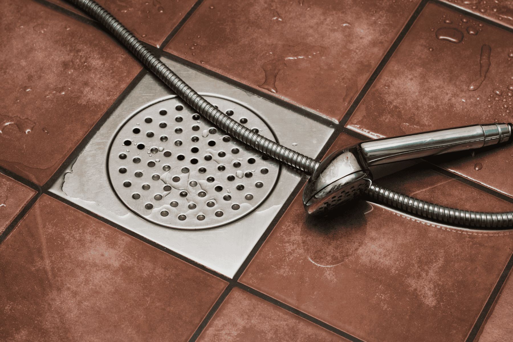 A handheld showerhead with a metal hose rests on a wet brown tiled floor next to a round metal drain cover, suggesting the lingering issue of a smelly shower drain.