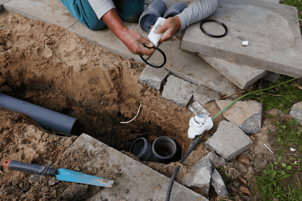 A person installs a black rubber seal onto a grey PVC pipe for a sewer repair, helping to keep the overall sewer repair cost manageable near an excavated trench.