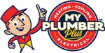 Cartoon mascot in red hat and jacket points toward a circular My Plumber Plus logo with text: "Heating • Cooling • Electrical.